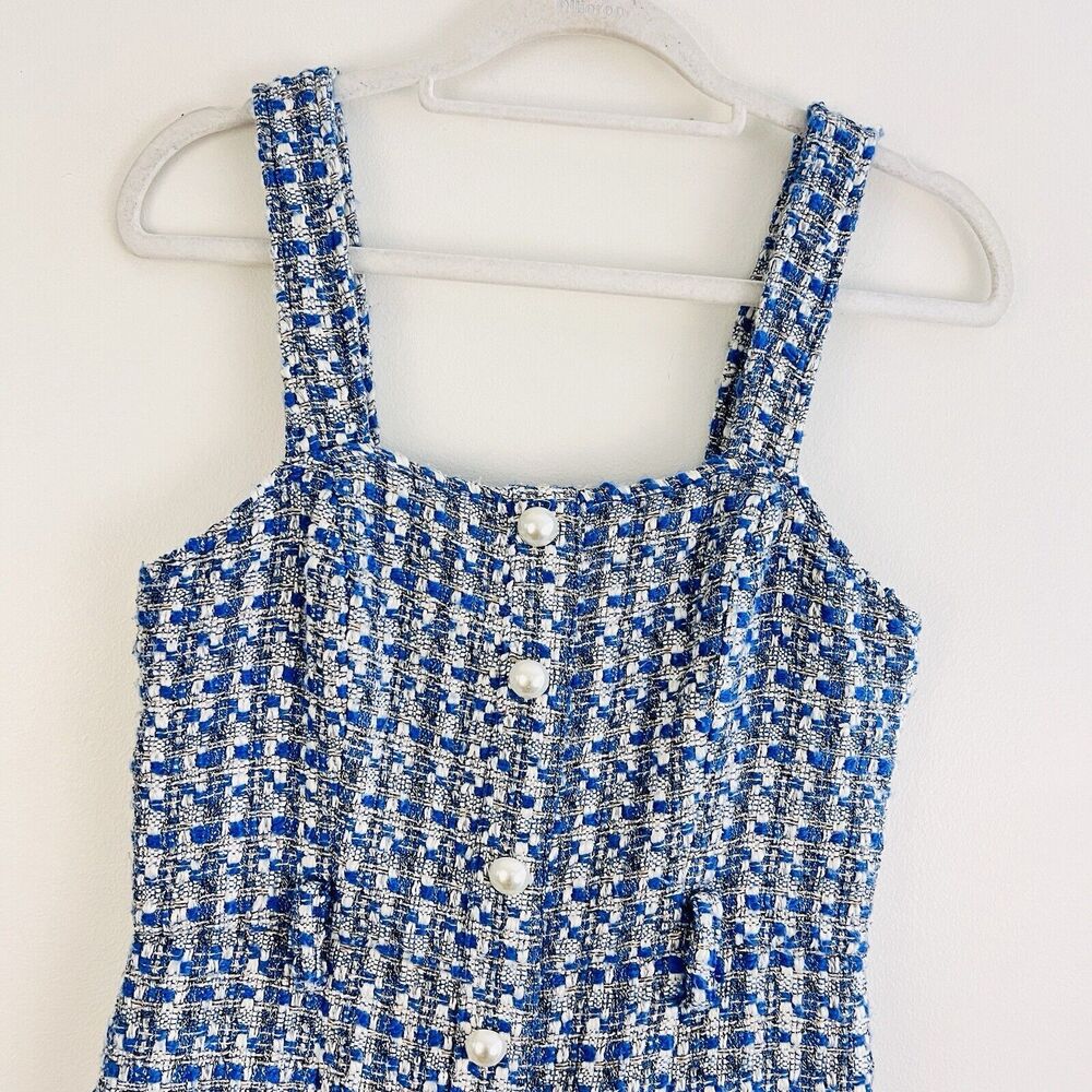 Jealous Tomato Blue & White Tweed Cropped Wide Leg Jumpsuit Sleeveless EUC Sz SM - Picture 6 of 16